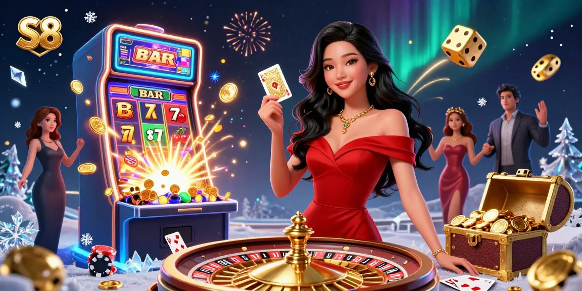 S8 casino gaming scene featuring a confident woman with gold playing card, surrounded by dynamic slot and roulette game elements.