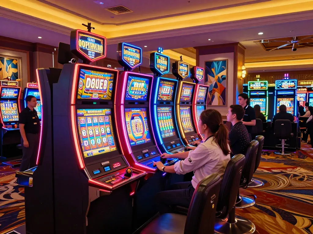 Engaged players enjoying slot machines at 888new xyz, vibrant atmosphere with colorful lights.