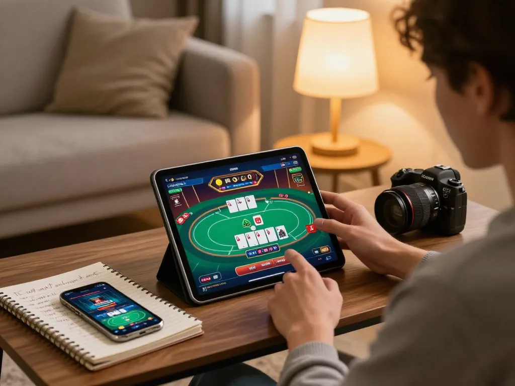 Engaging online poker game on tablet during cozy home session showcasing hk strategy insights