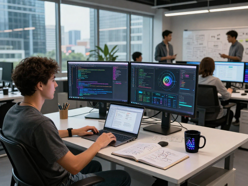 Engaging AI-driven software development scene with professionals analyzing code and user interface design, focusing on ia +18 innovation.
