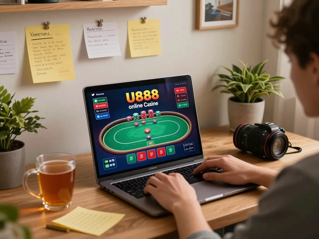 Playing poker on U888 online casino with dynamic gameplay in a comfortable home setting.
