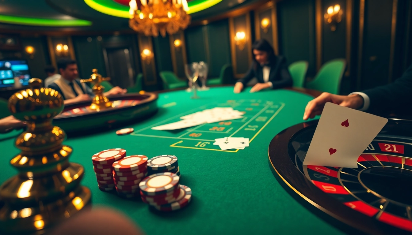 Engaging poker table action on luck8 com, showcasing vibrant chips, cards, and roulette wheel.