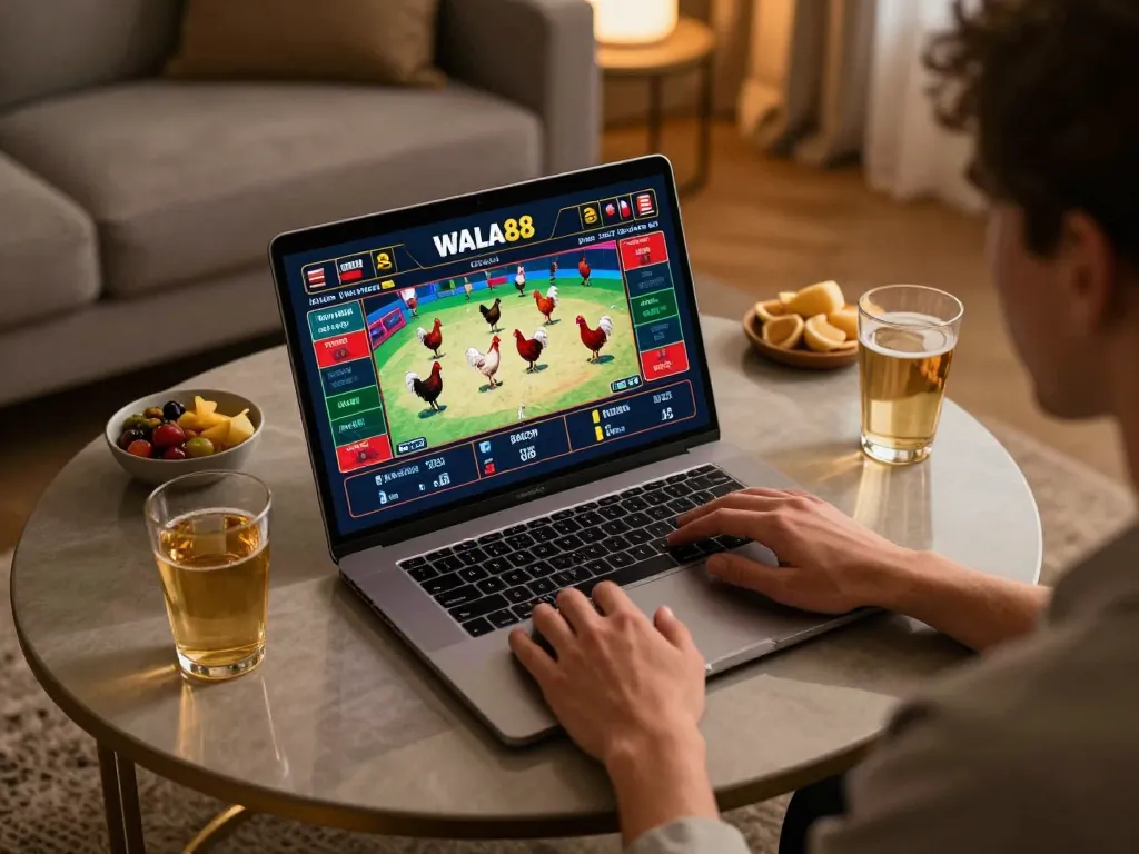 WALA88 user enjoying real-time online betting with a laptop featuring live matches in a cozy home setting.
