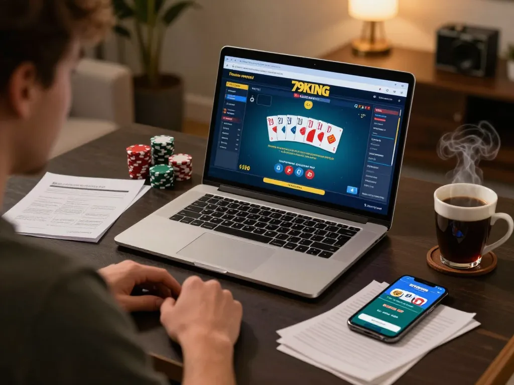 Player winning at 79KING online poker game, surrounded by betting notes and laptop.