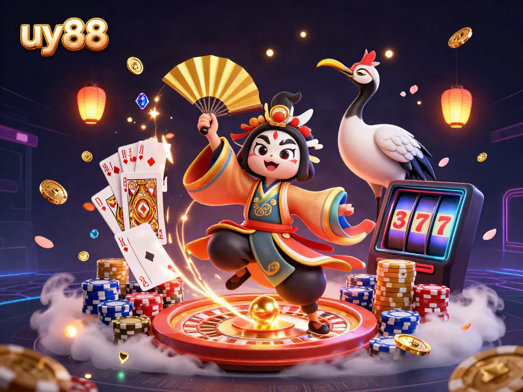 Experience the vibrant energy of uy88 with a kabuki warrior and kitsune mask in a rich casino scene.