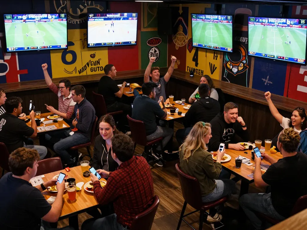 Sports fans engaging in betting at nk88vip, excitedly placing bets while watching games on large screens.