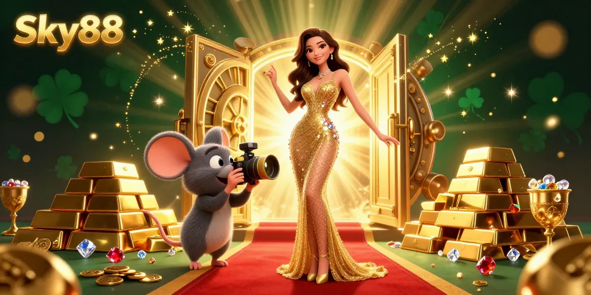 Experience the luxurious world of Sky88 with a stunning evening scene featuring glamorous characters surrounded by wealth and casino allure.