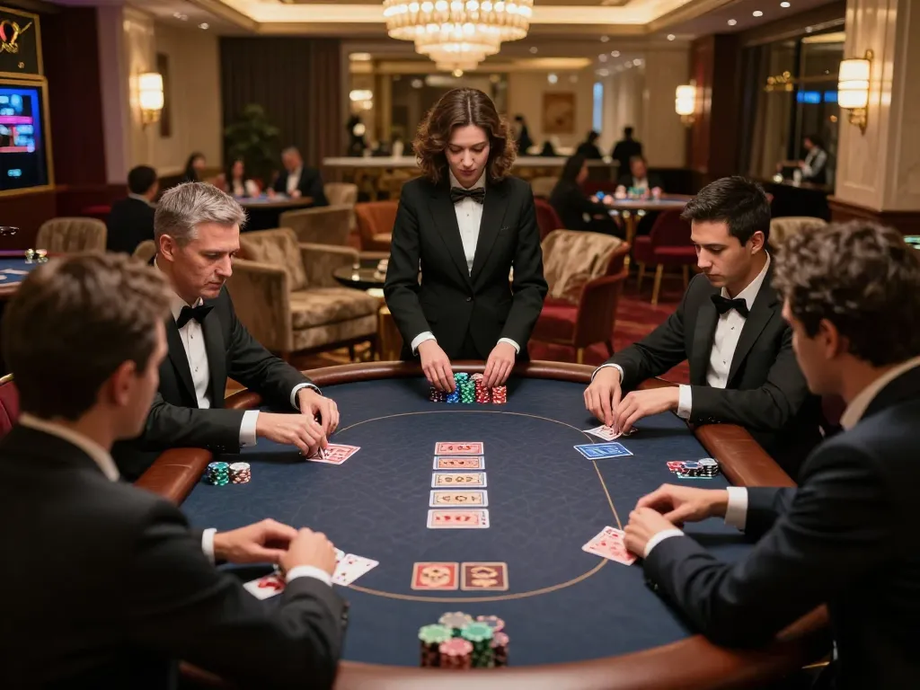 Kuwin poker players making strategic decisions in a luxurious VIP casino area.