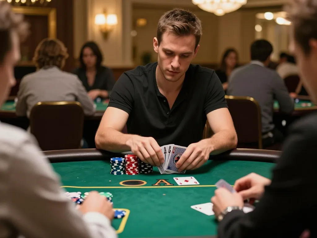 Player in a casino focused on winning strategy at the poker table while navigating https://www.mnm88.com/ with colorful chips in view.