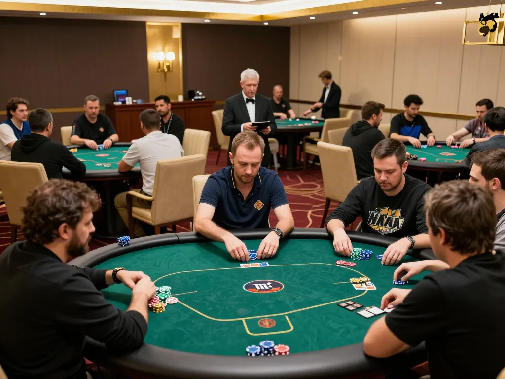 BOMWIN players strategizing their hands at a competitive poker tournament in a vibrant casino atmosphere.