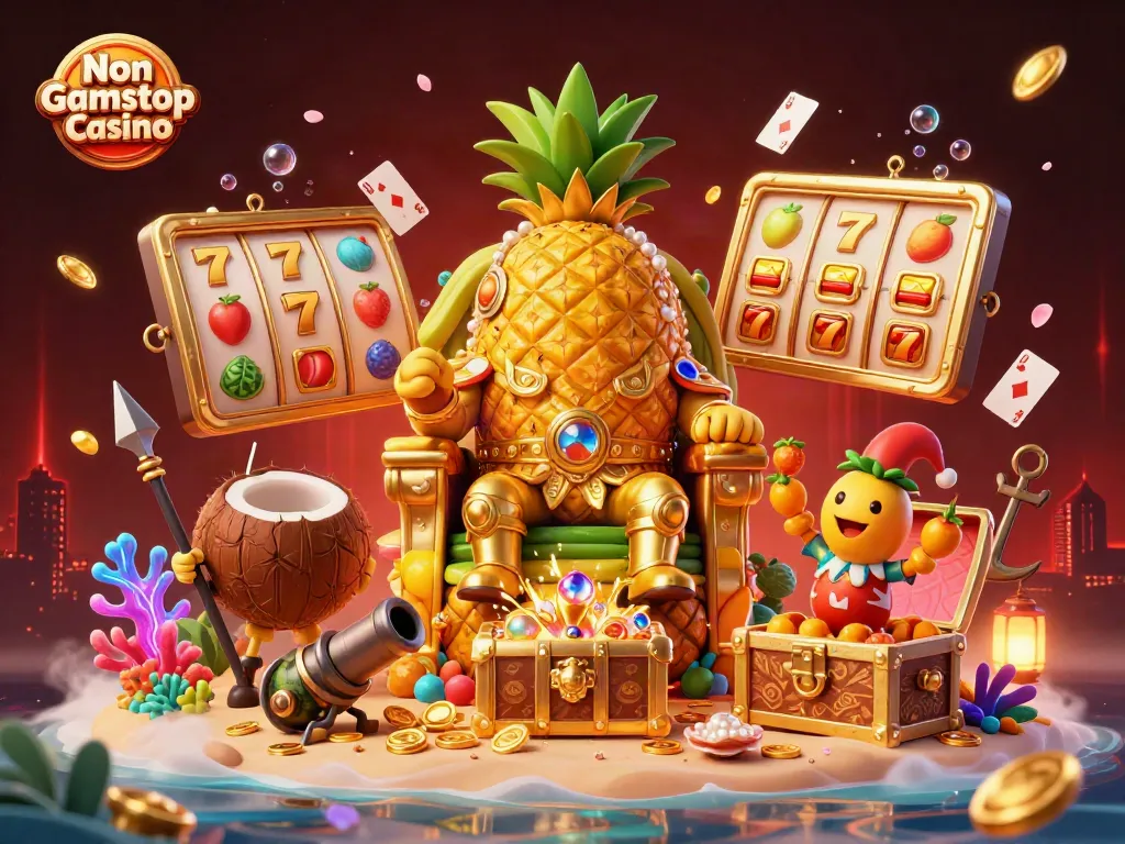 Engage with vibrant action at a Non Gamstop Casino featuring a golden pineapple king and colorful gaming elements.