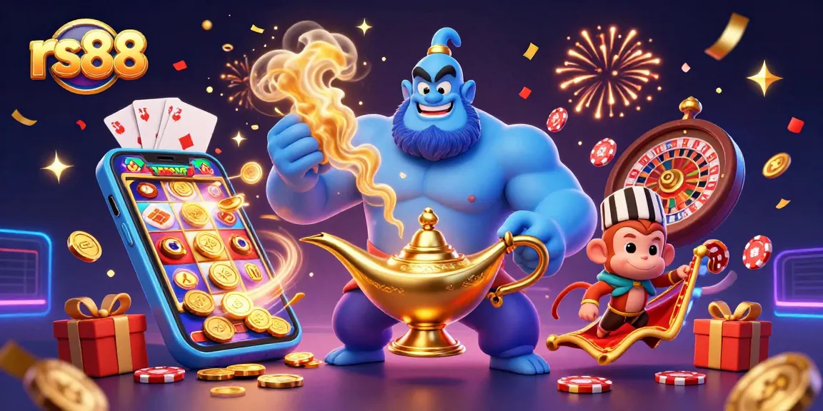 Engage in thrilling gameplay with rs88's enchanting genie, poker chips, and colorful slot reels.