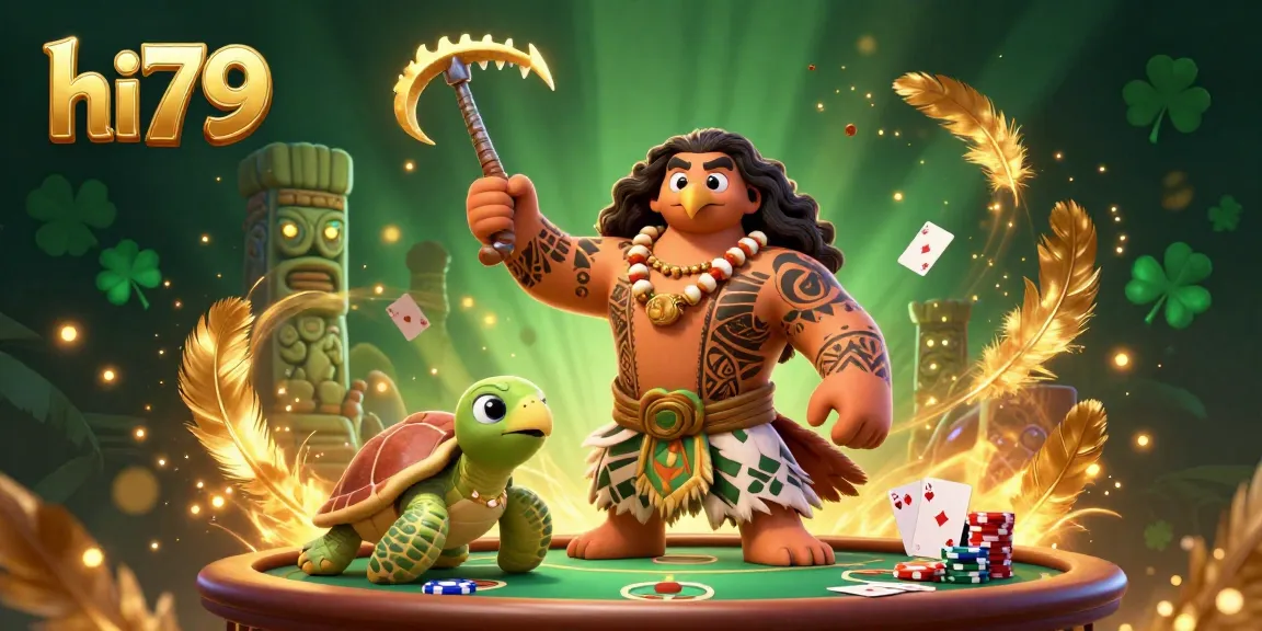 Engage with hi79 in a vibrant 3D casino scene featuring a demigod hawk and poker elements.