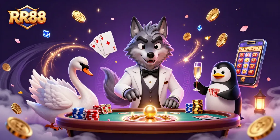 Join the excitement at RR88, showcasing thrilling baccarat and champagne presentation in a vibrant casino scene.
