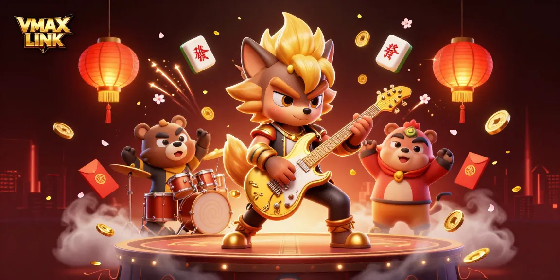Experience thrilling action at VMAX LINK with an energetic wolf rocking the casino stage, surrounded by vibrant gaming symbols.