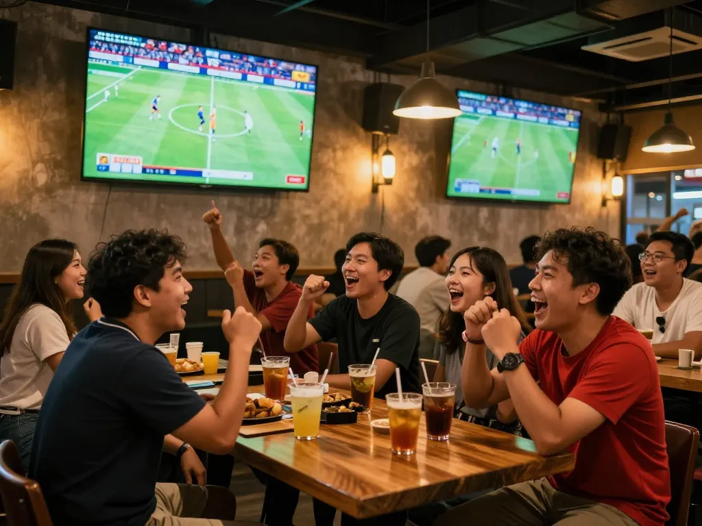 Watch trực tiếp bóng đá thái lan match with fans cheering in a lively sports bar setting