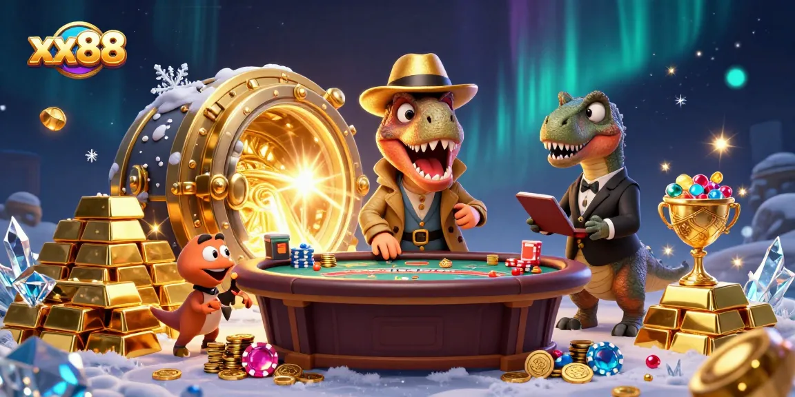 Experience thrilling gameplay at xx88 with a velociraptor card counter and a treasure vault bursting open.