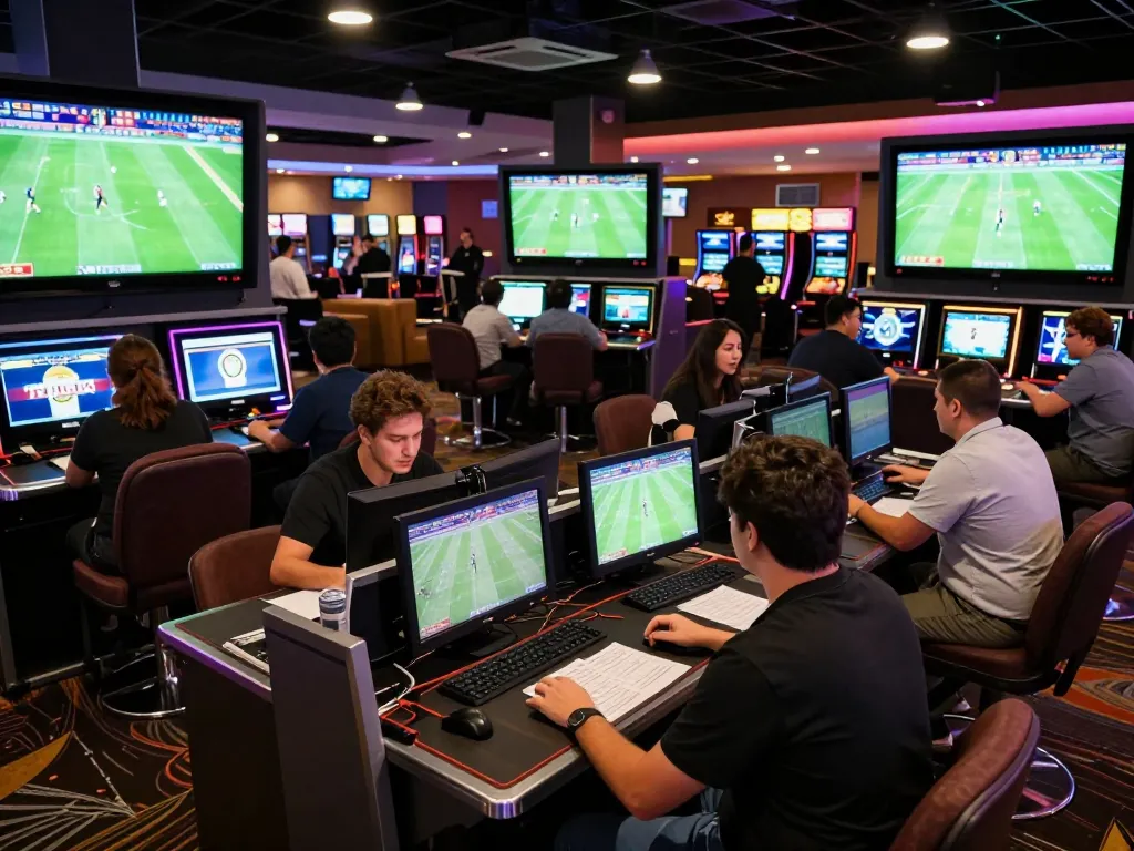 Football bettors eagerly placing bets with devices in a vibrant casino sportsbook