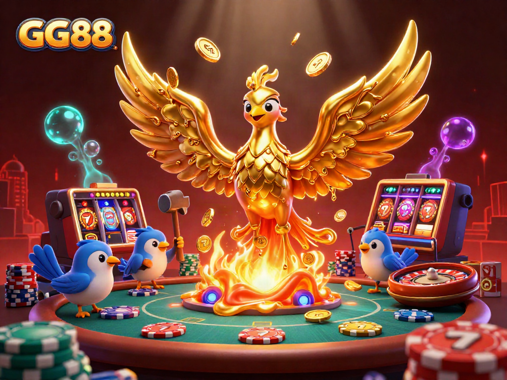 Experience the thrill at GG88 with a spectacular golden phoenix amidst casino elements, celebrating vibrant gaming.