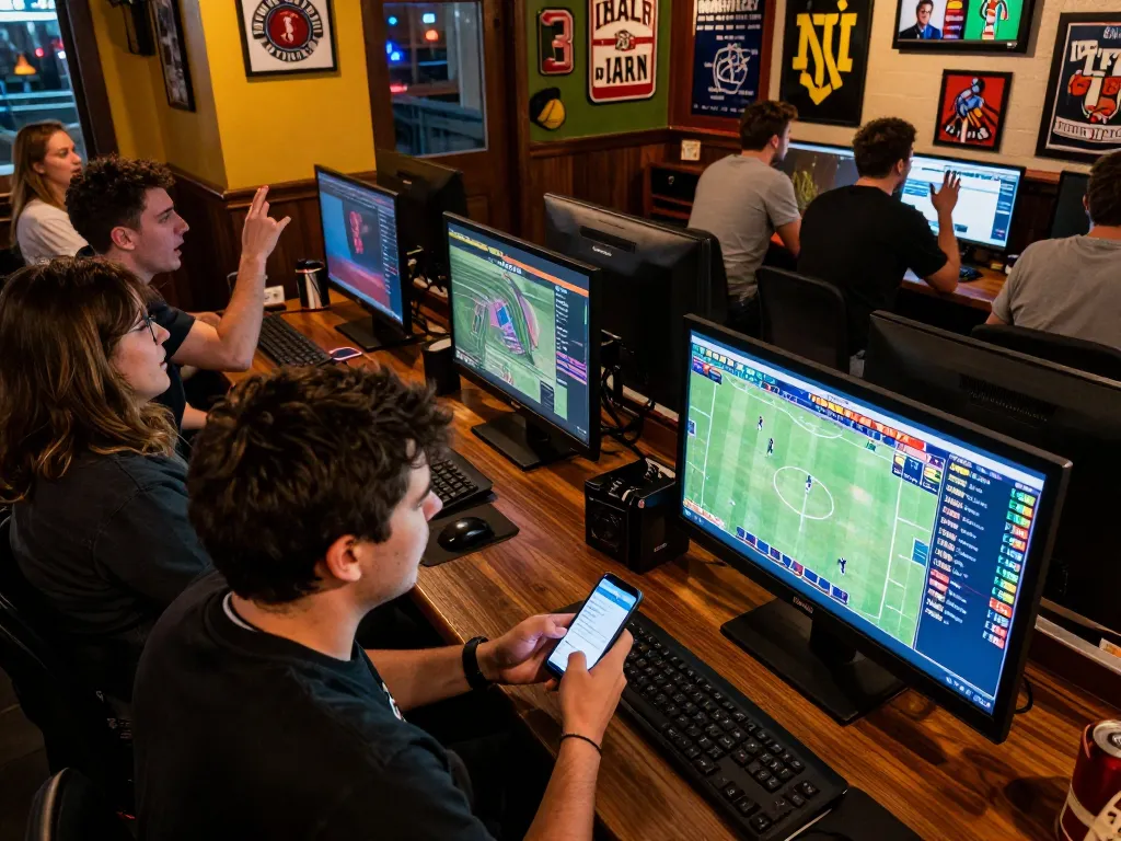 Engaged bettor analyzing game odds for cm88-bet in a lively sports bar atmosphere.