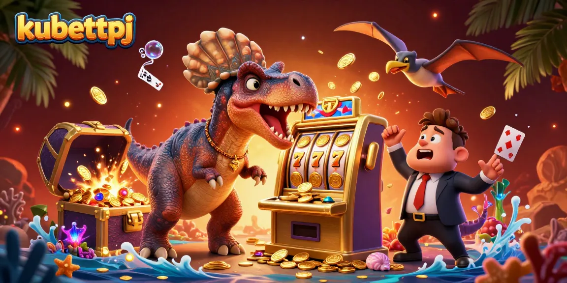 Engage with kubettpj by headbutting slot machines for jackpot wins amidst colorful casino elements.