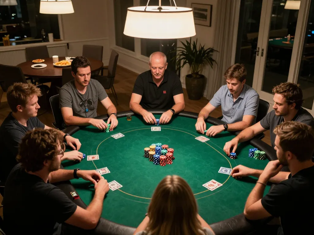 F8bet home poker game scene with players strategizing and chips organized on the table.