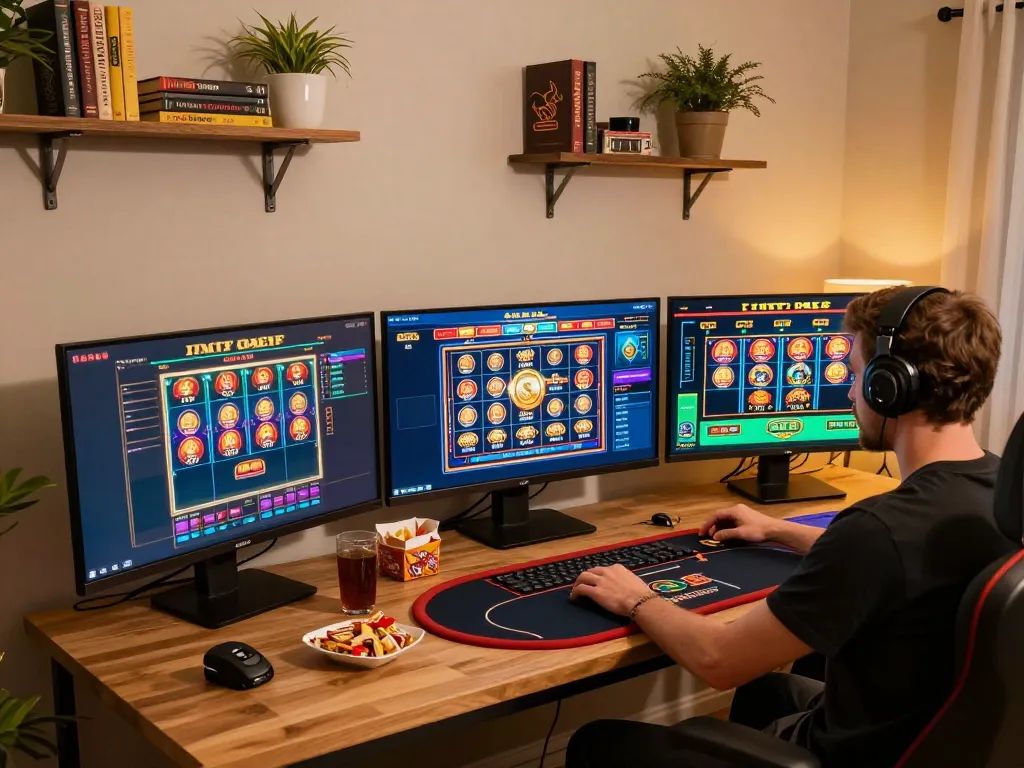 KKWIN đăng nhập for online gaming, featuring a gamer at home with multiple screens.