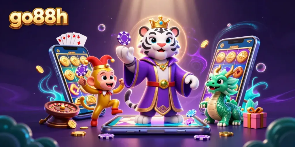 Engage with go88h's lively casino scene featuring a regal tiger, jester monkey, and vibrant gaming elements.
