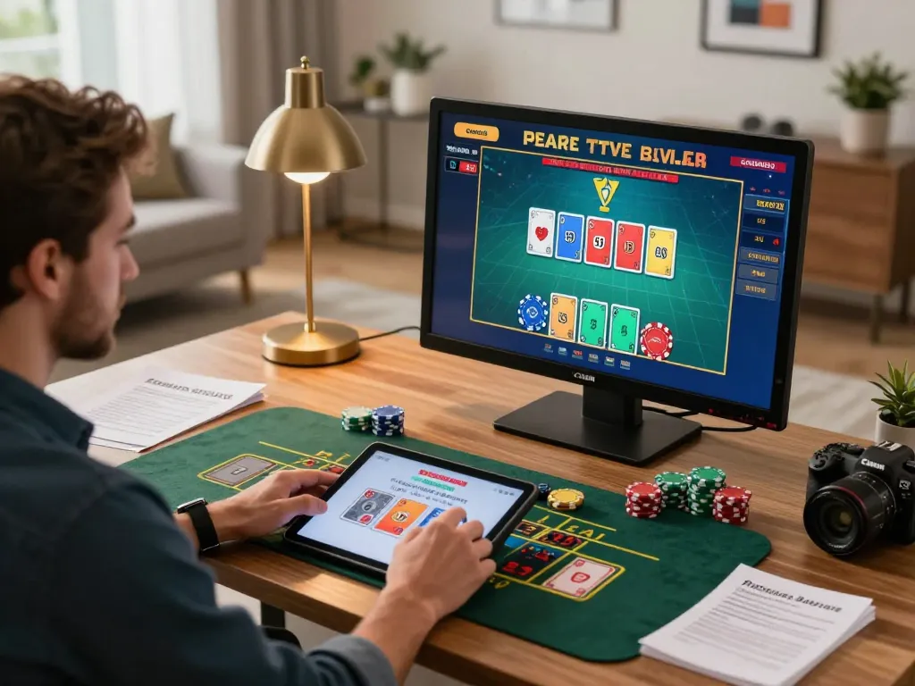 Player engaging in live dealer games at lv88 casino, showcasing online gambling excitement in a contemporary setup.