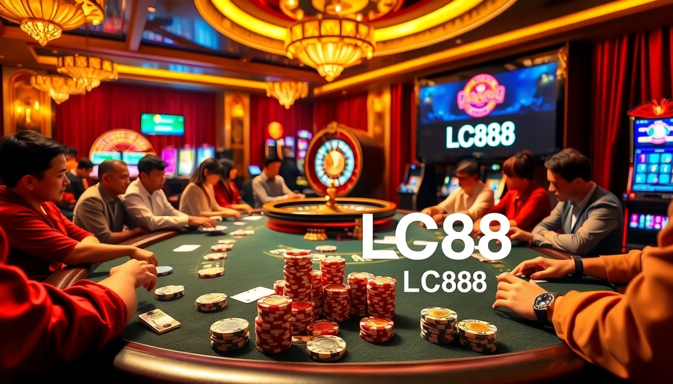 A dynamic gambling scene showcasing Trang chủ LC88 with poker chips and roulette wheels, highlighting exciting betting activities.