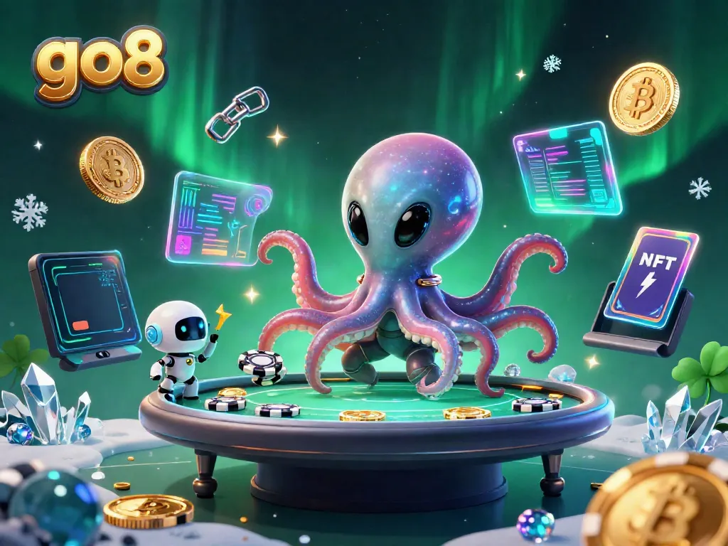 Engaging scene of go8’s alien octopus and robot exploring a cosmic poker game atmosphere