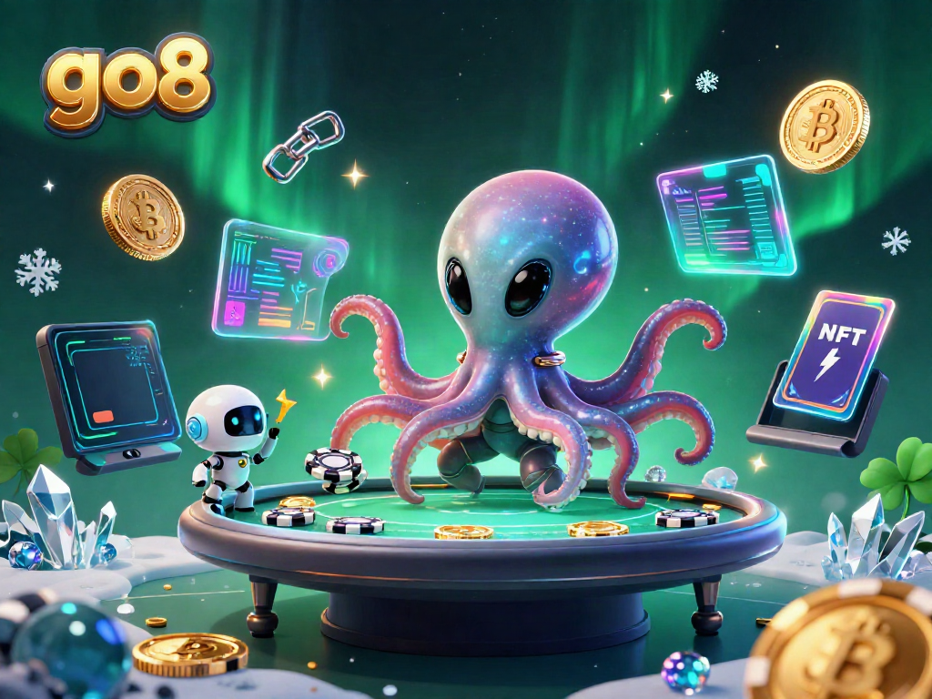 Engaging scene of go8’s alien octopus and robot exploring a cosmic poker game atmosphere