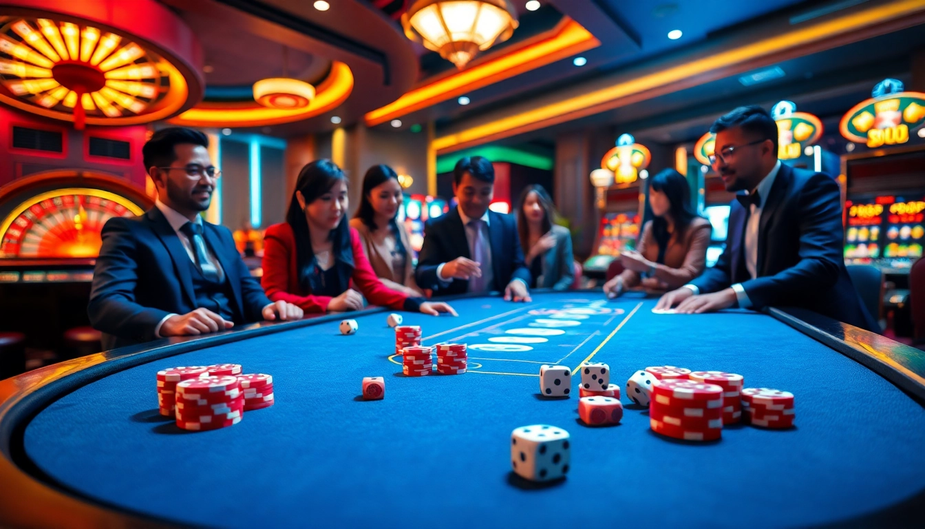 Players enjoying a thrilling game of Tài Xỉu MD5 at a vibrant casino table.