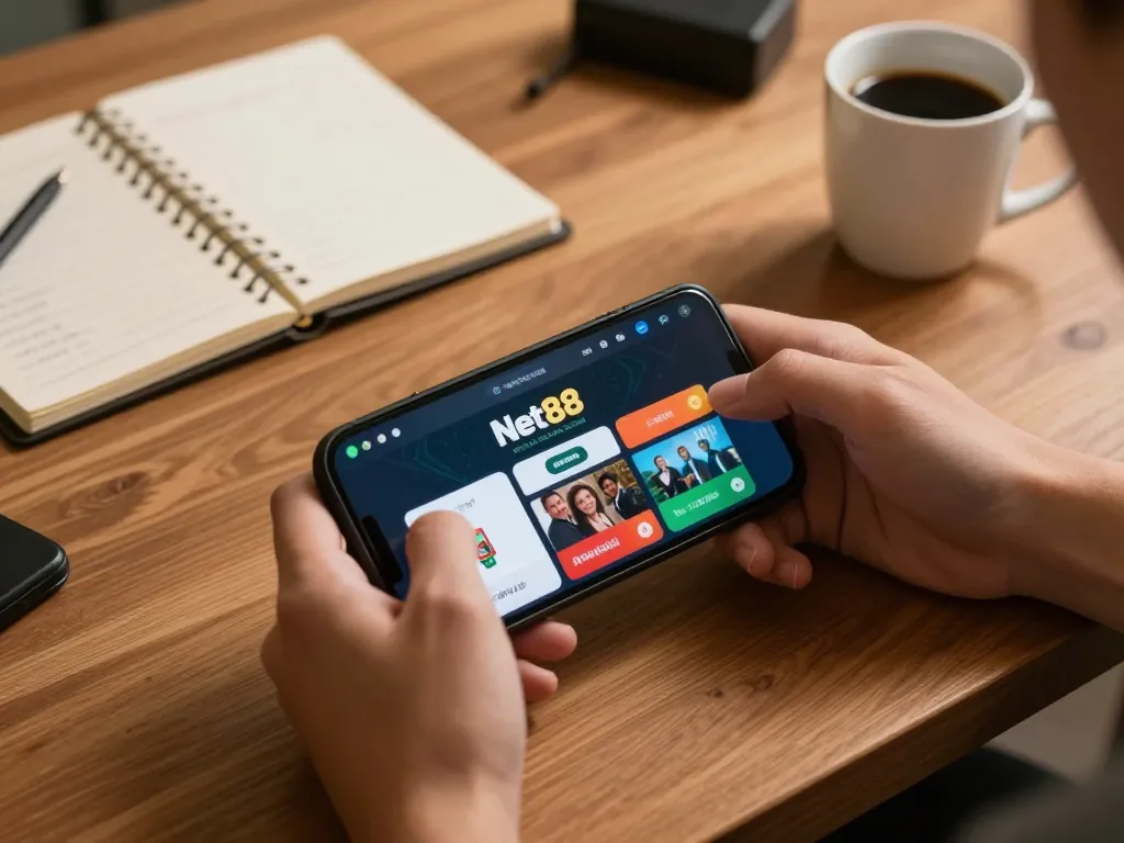 Player enjoying an online game on the Net88 app, surrounded by strategic notes in a cozy setting