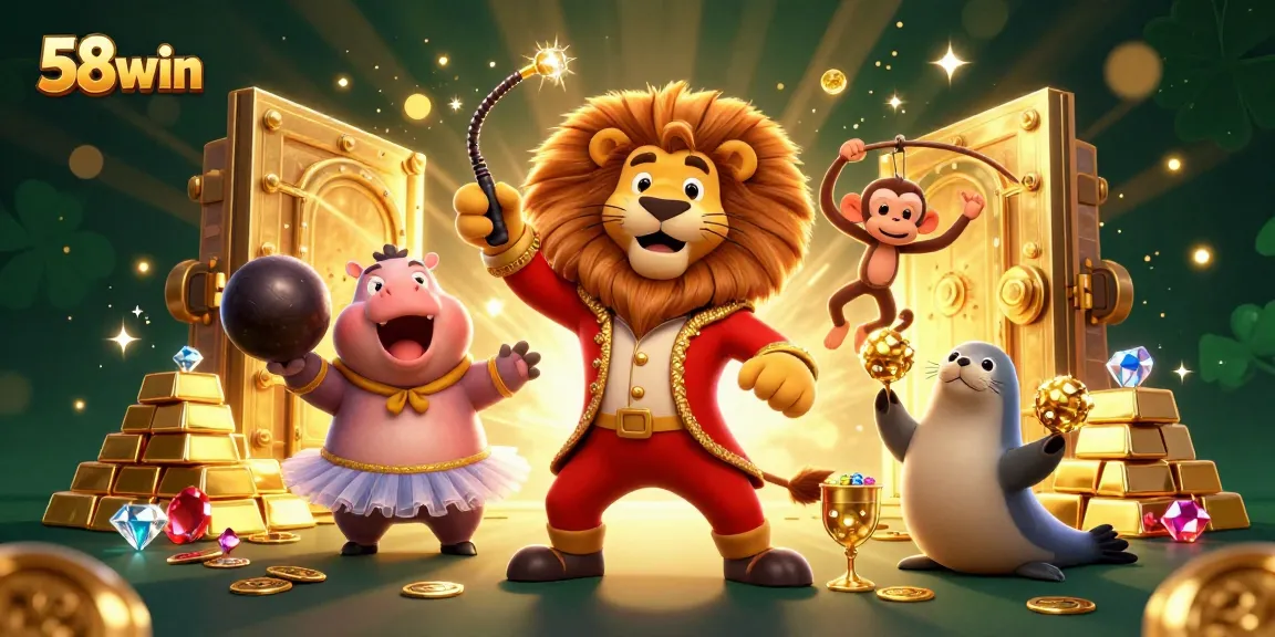 The 58win scene showcases a vibrant circus-themed casino with dynamic characters and rich gaming elements.