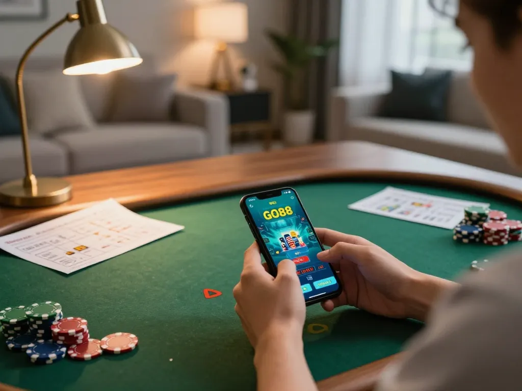 Player engaging with go 88 app on smartphone in a stylish home setup while strategizing