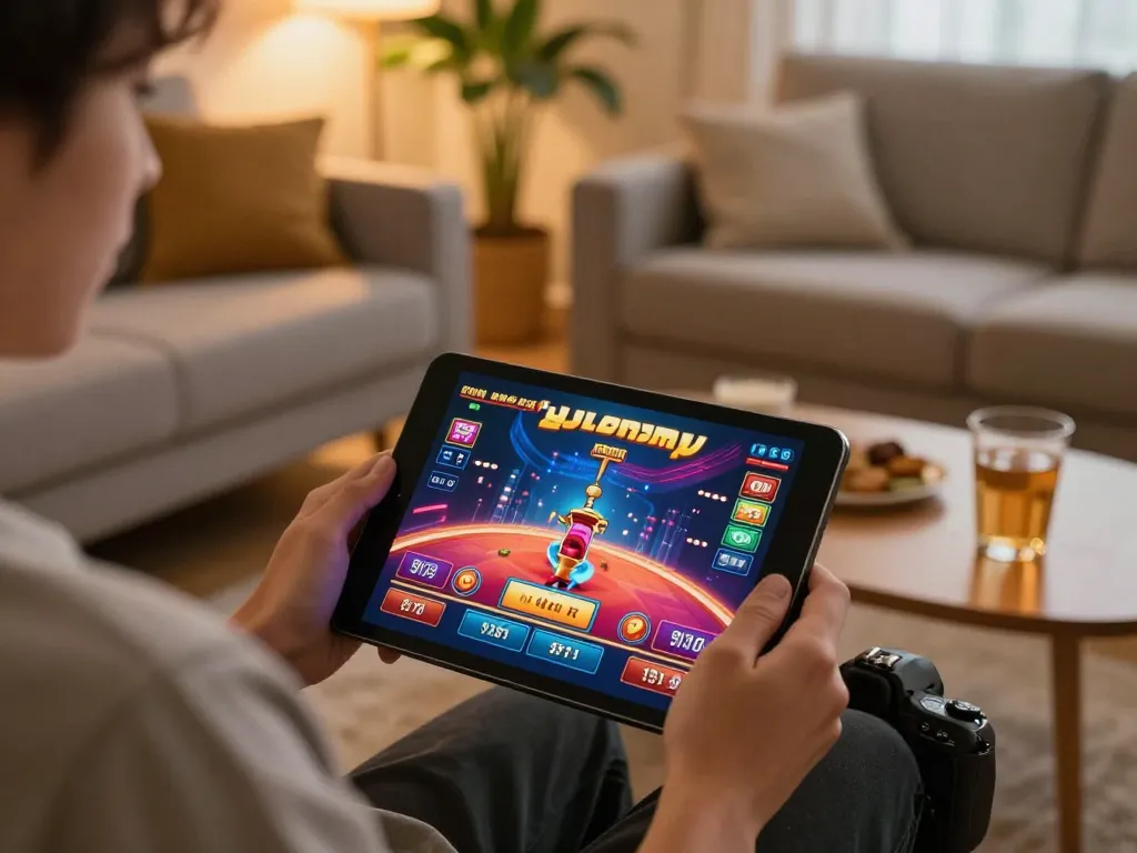 Enjoying king88 online gaming on a tablet, capturing the excitement and engagement of players