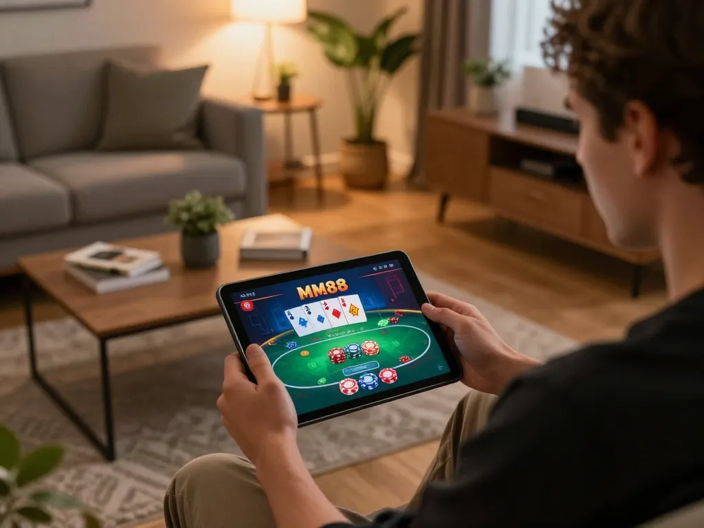Engaging poker gameplay on MM88 tablet in stylish home setting, showcasing immersive online gambling