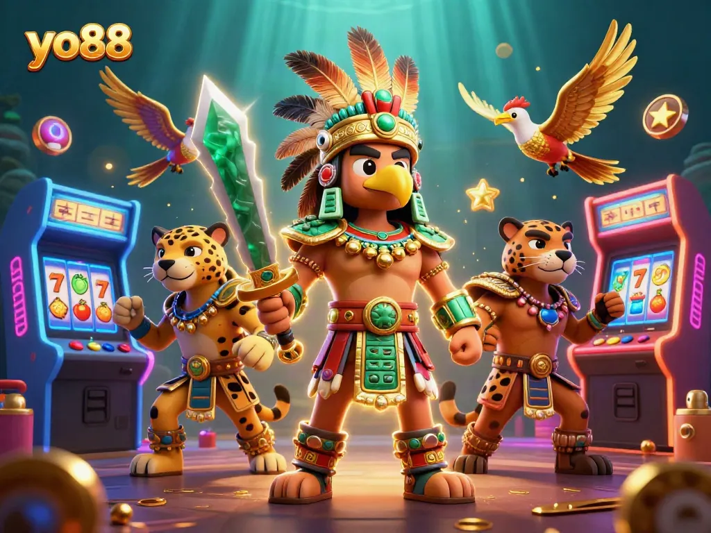 Experience thrill with yo88 amidst vibrant slots, featuring Aztec warriors and arcade elements.