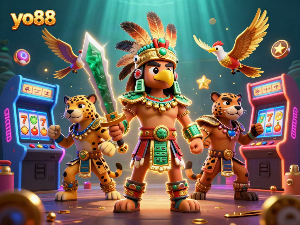 Experience thrill with yo88 amidst vibrant slots, featuring Aztec warriors and arcade elements.
