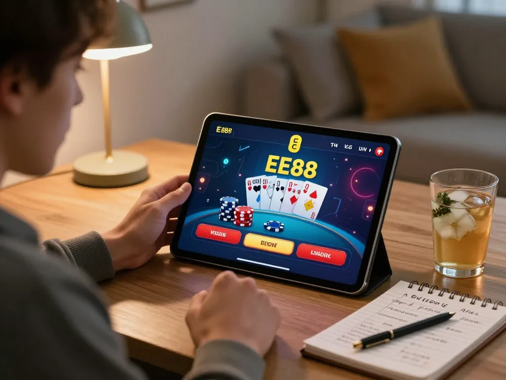 Engaging with the EE88 casino app on a tablet in a cozy home setting, showcasing responsible gaming.