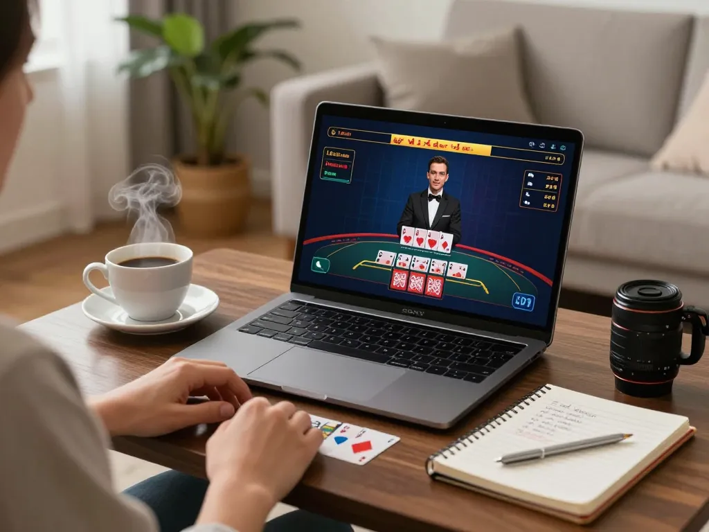 Sunwin player enjoying live dealer blackjack at home with strategy notes nearby.