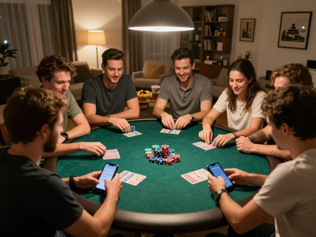 Players enjoying a friendly poker night at home, showcasing game bài đổi thưởng strategy and social bonding.