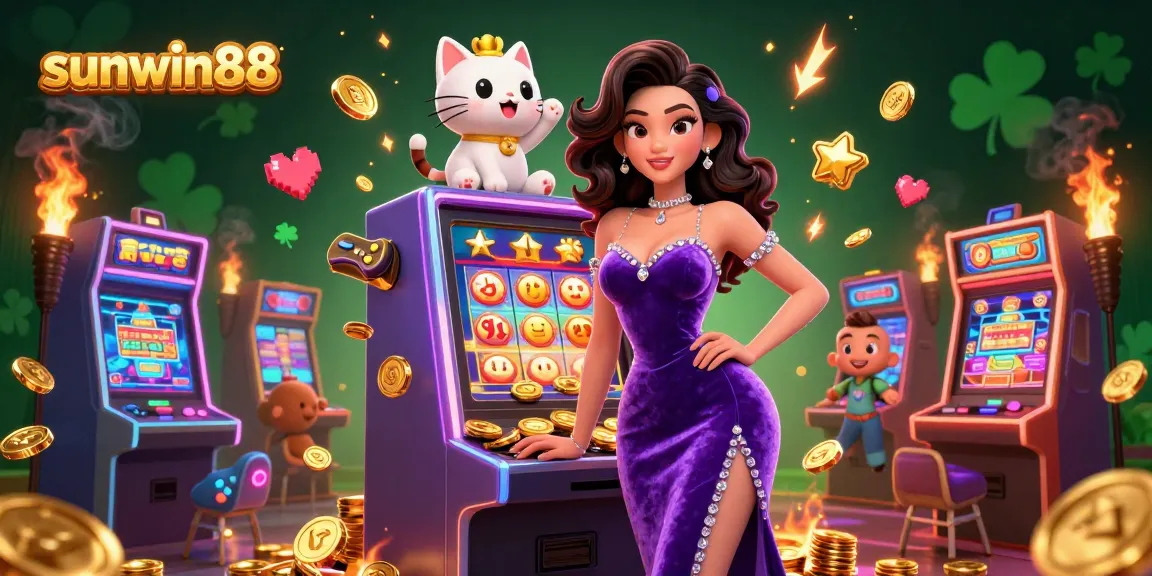 Win big at sunwin88 with a glamorous woman celebrating jackpot wins next to a cheerful fortune cat.