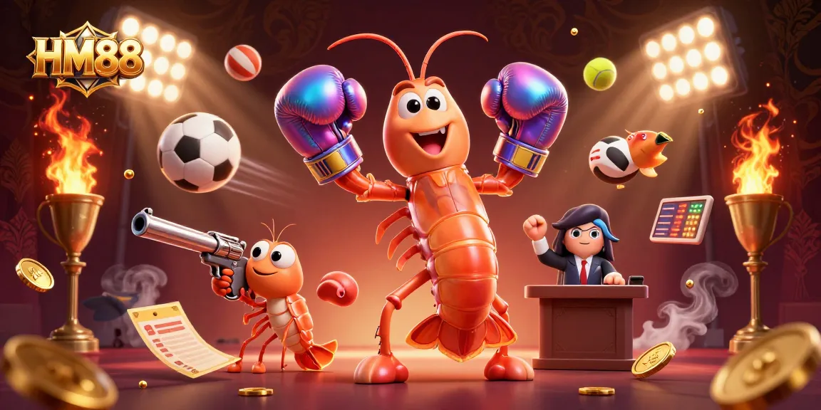 Engage with the exciting world of HM88's gambling scene, featuring an action-packed illustration of characters in vibrant casino elements.