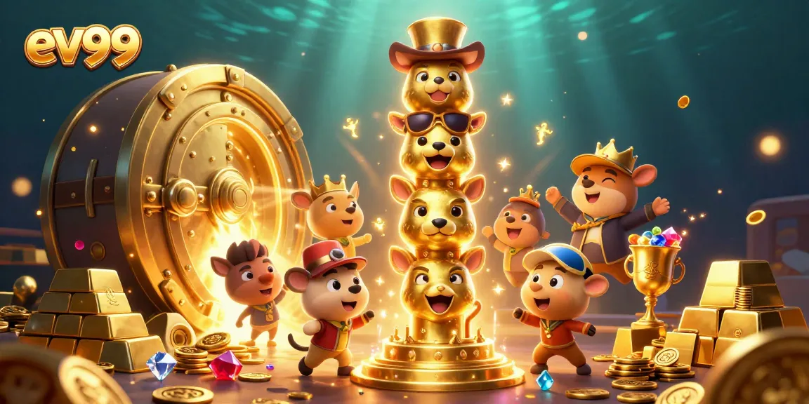 ev99 showcases a vibrant totem pole surrounded by gold gems and exciting casino elements.