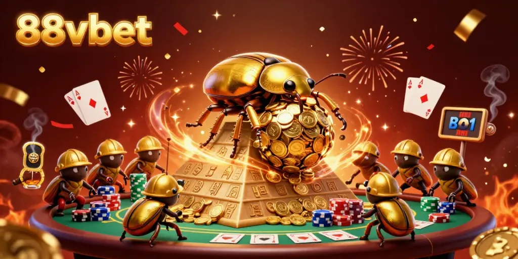 Experience the vibrant world of 88vbet with a golden beetle rolling coins, surrounded by poker elements.