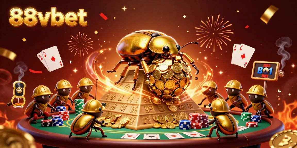 Experience the vibrant world of 88vbet with a golden beetle rolling coins, surrounded by poker elements.