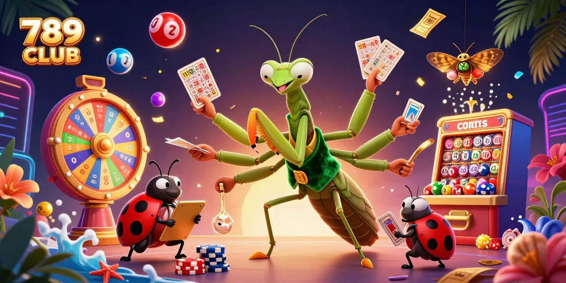 Play exciting games at 789 CLUB as the mantis card sharp deals cards amid a vibrant casino atmosphere.