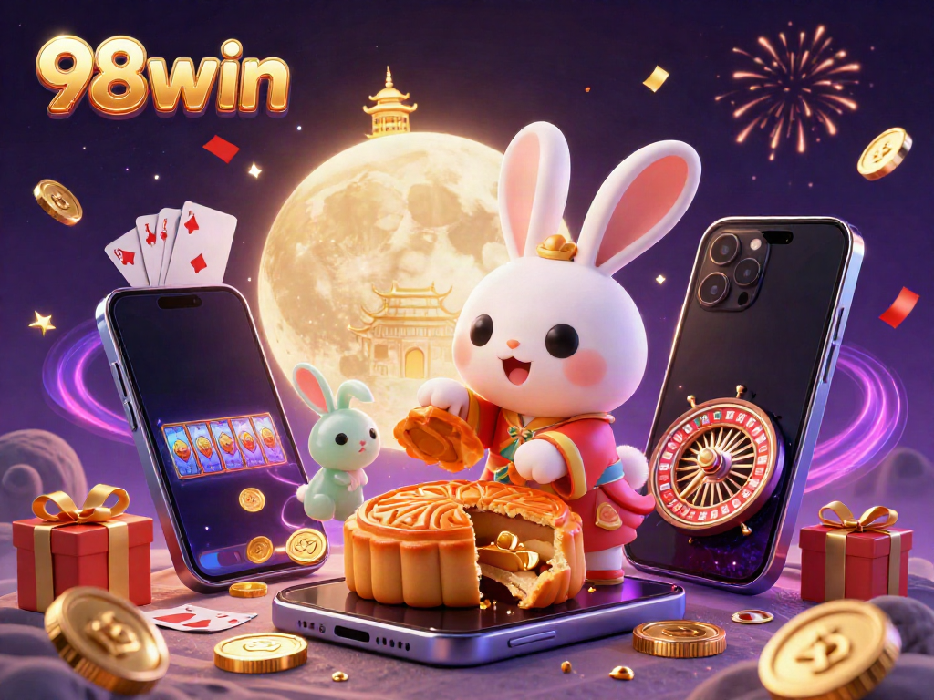 Experience the thrill of 98win's vibrant casino world with a festive 3D illustration featuring animated characters and gaming elements.